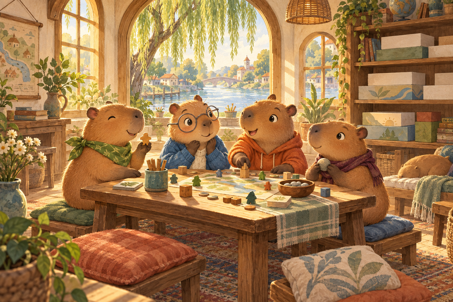 Four capybara friends gathered around a tabletop game in the Willowbank club room