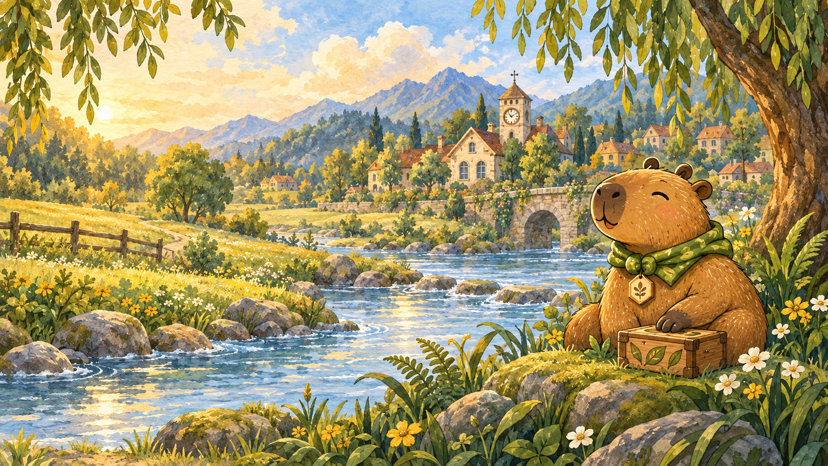 Charca the capybara beside a river in Willowbank